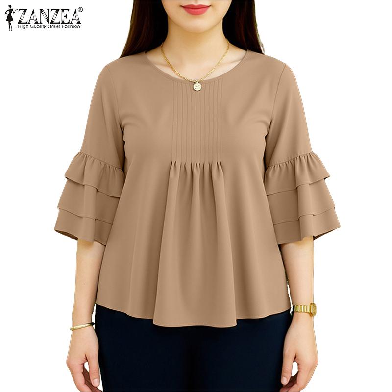 ZANZEA Women Casual Round Neck Solid Color 3/4 Sleeve Loose Blouse