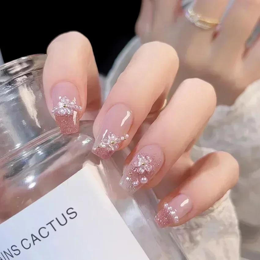24Pcs Pink Ballet Long Coffin Press On Nails With Rhinestone Love Heart Glitter Full Cover Fake Nail Tips