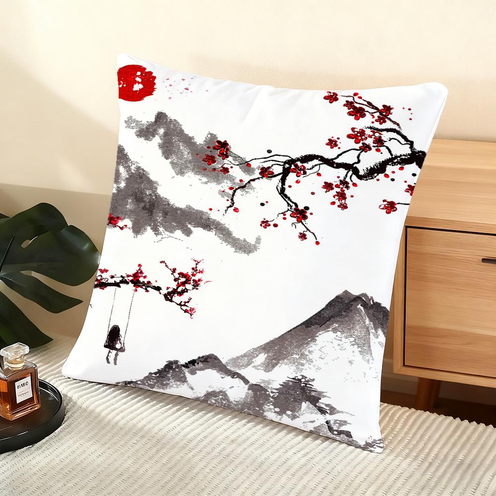 Japanese Pagoda Landscape Cushion Cover Soft Short Plush Pillow Cover Smooth Cozy Texture Aesthetic Cushion Case Home Decor