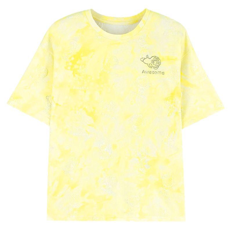 Korean Style Women's Tie-Dye Loose Fit Pure Cotton Short-Sleeve Top with Diamond Accent, Mid-Length Round Neck, Large Size.