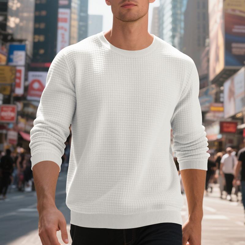 Loose-fit casual men's minimalist sports jacquard small check round-neck long-sleeved sweatshirt