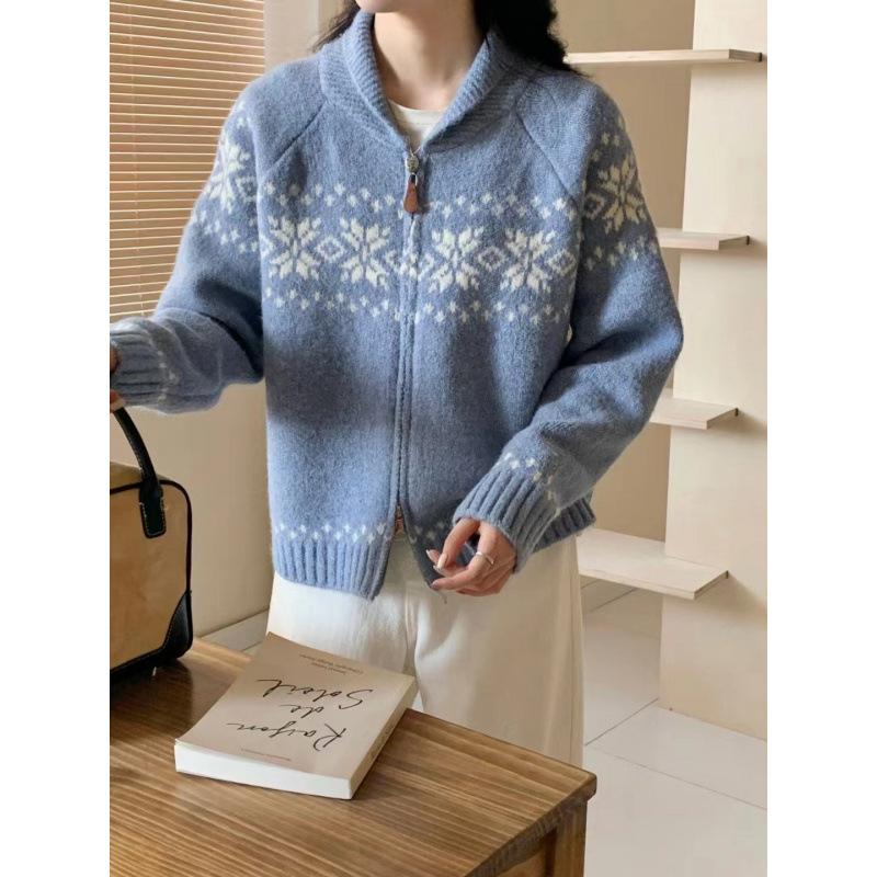 Autumn Winter Women Elegant Knitwear Long Sleeve Sweater Fall Casual Knitted Top Zipper Lapel Jacket One Size синий 2785₽