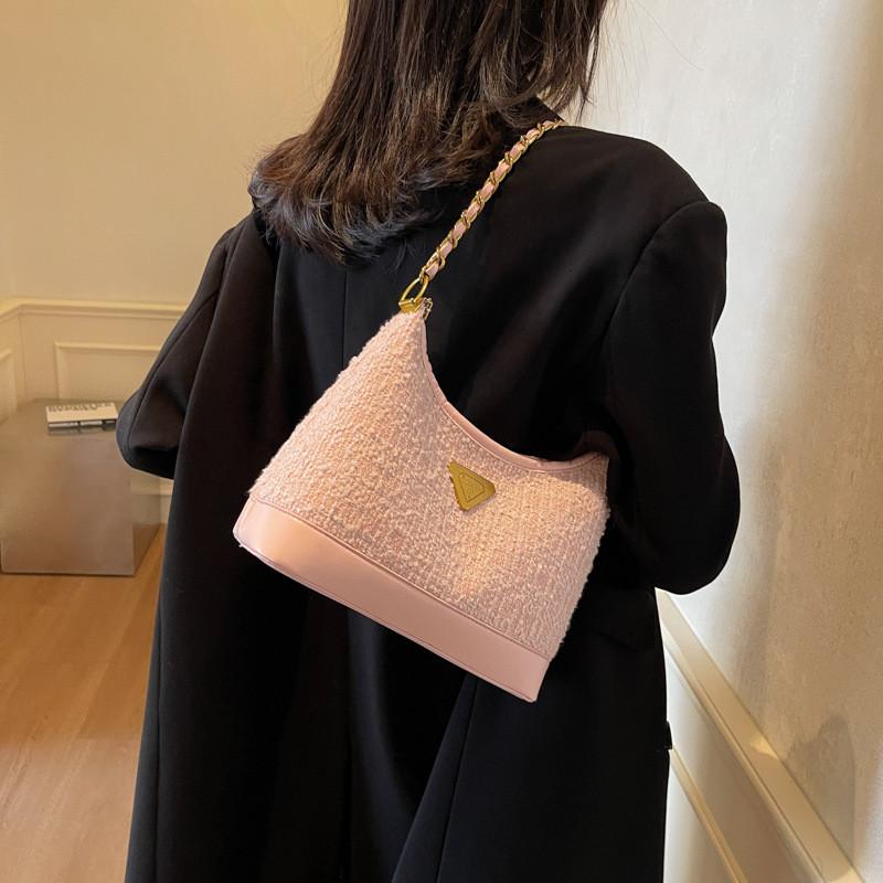 Ielgy Woolen Bag Women s Messenger Bucket Bag Fashion Plaid Shoulder Chain Commuter Bag