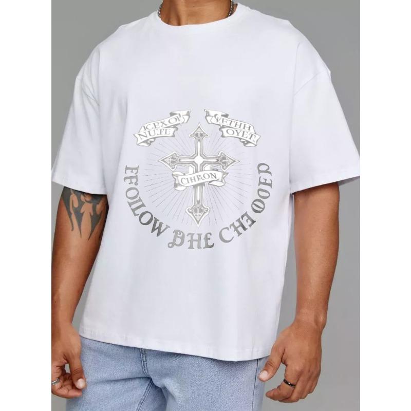 White T Shirt with Cross and Follow The Chief Text Design for Casual Wear