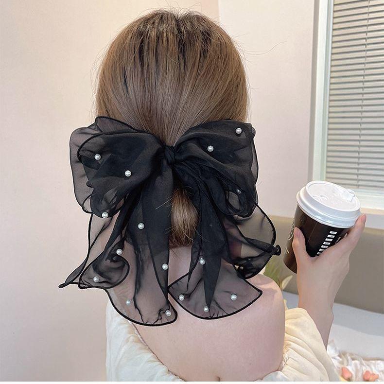 Fermaglio per capelli con fiocco in raso nero: Elegante Molletta Grande per Coda di Cavallo da Donna