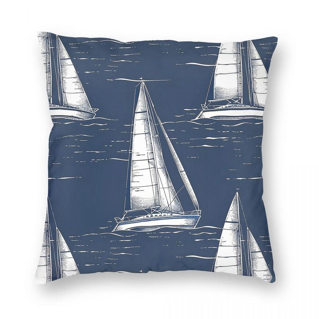 Sailboat In Sea Navy Blue Square Pillowcase Polyester Linen Velvet Printed Zip Decorative Throw Pillow Case Home