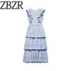 Zbzr Spring New Women Clothes Western Style Print Lotus Leaf Trim Sexy Backless Laminated Cake Skirt Long Dress