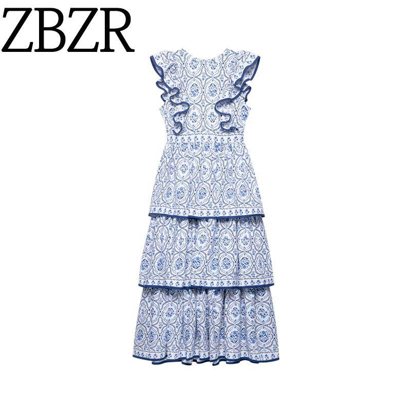 Zbzr Spring New Women Clothes Western Style Print Lotus Leaf Trim Sexy Backless Laminated Cake Skirt Long Dress