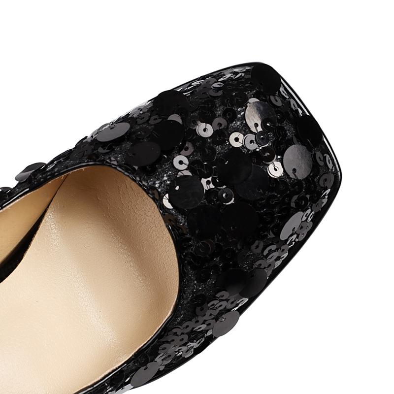 Fashion Women's New Spring and Autumn Square Head Sexy Nightclub Sequin Leather Waterproof Platform High Heel Elastic Belt Single Shoes