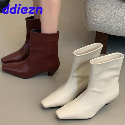 Fashion New Footwear Medium Heels Women Ankle Modern Boots Female Slip On Shoes Fashion Square Toe Ladies Short Booties Heeled Shoes