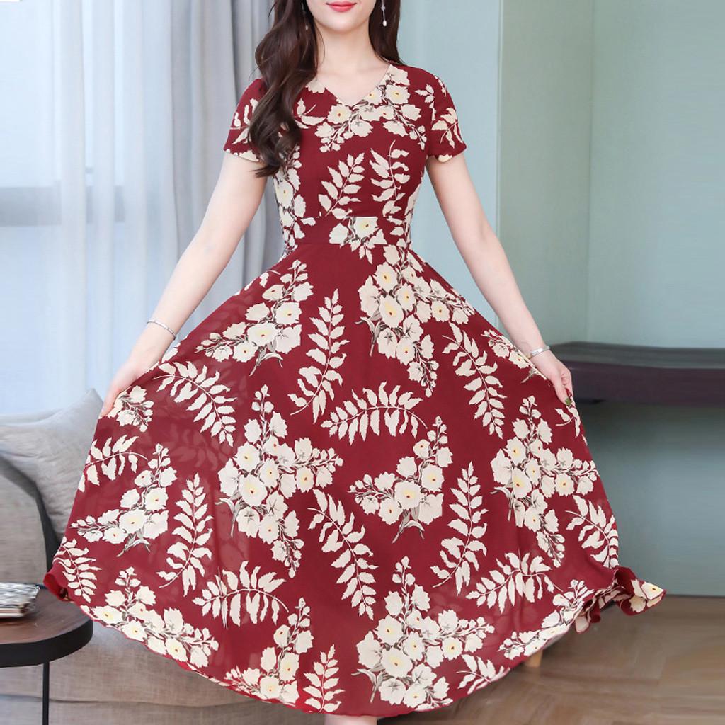 Modisches, lässiges Damen-Kleid mit kurzen Ärmeln und langem Kleid mit Blumenmuster