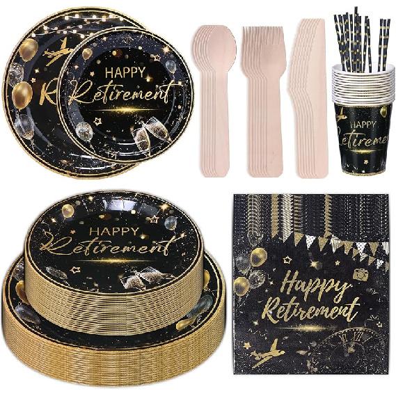 201PCS Retirement Party Decorations Retirement Plates Napkins Set, Black and Gold Retirement Plate,Napkin,Cup,Straw,Tablecloth,Wooden Cutlery,