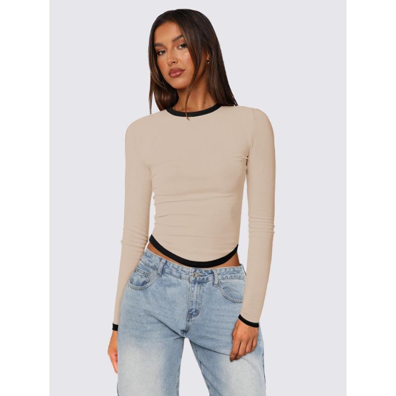 Damen Frühling und Sommer Neu Langärmlig Rundhals Slim Kontrastfarbe Kurz Geschnittene Pullover Tops