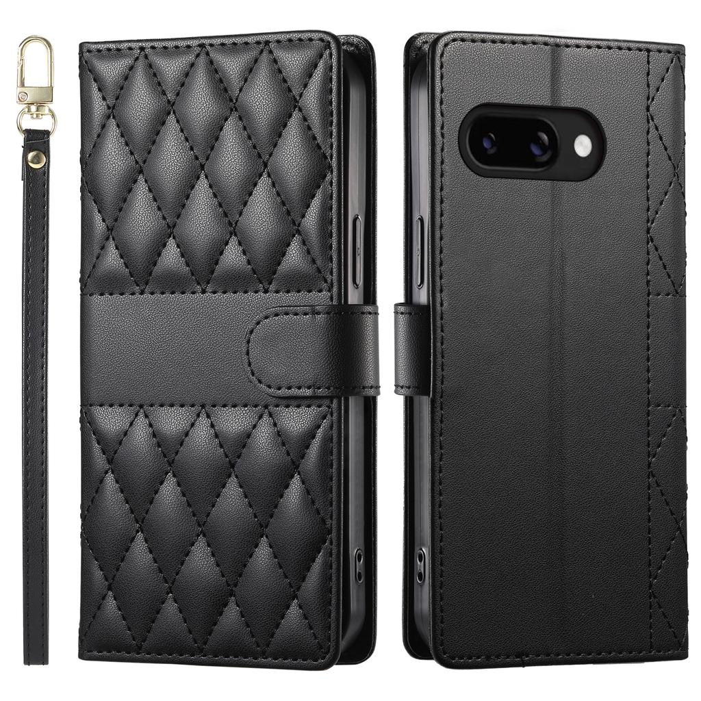 For Google Pixel 9a Case Rhombus Stitching Wallet Stand Leather Phone Cover with Long/Short Strap