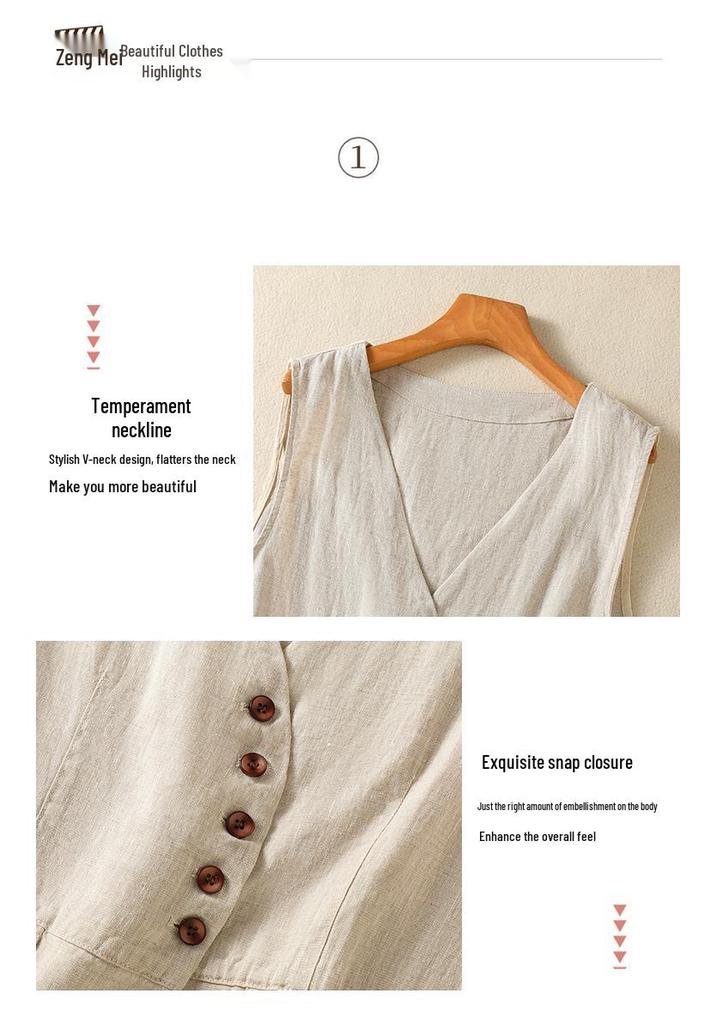 Women's Summer Simple V-neck Cotton Linen Vest Outerwear