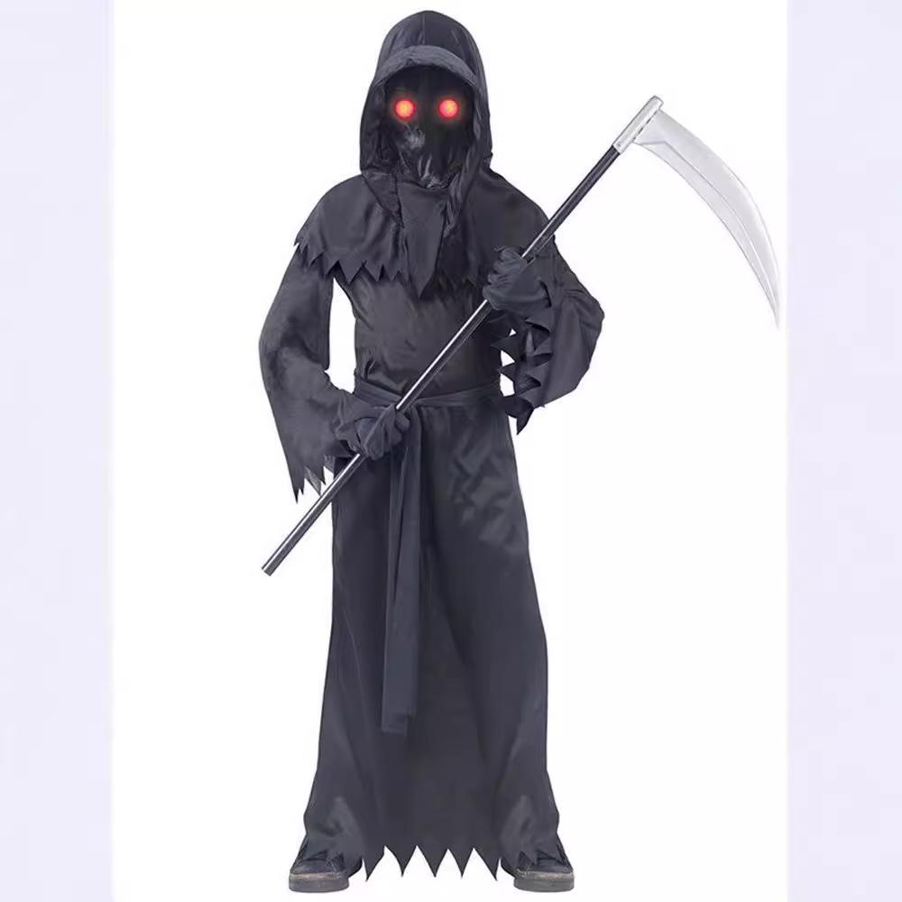 Kids' Halloween Cosplay Costumes: Grim Reaper with Luminous Glasses, Ideal for Stage Performances.