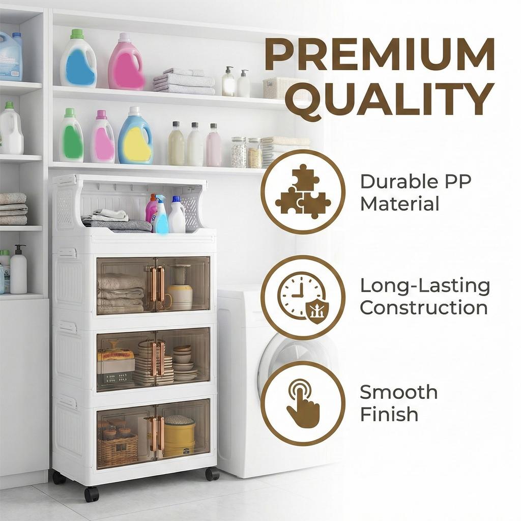 3 Tier Collapsible Storage Boxes with Doors and Wheels 42cm Stackable Storage Cabinet for Craft Home Pantry DormTransparent