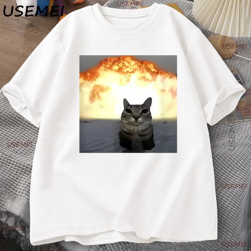 Whimsical Cat Explosion Print T-Shirt Men Loose Cotton Funny Short Sleeves T Shirt Cat Lover Tees Unisex Tops Y2k Clothes