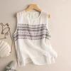 women geometric embroidery sleeveless top round neck casual loose fit linen blend tank top