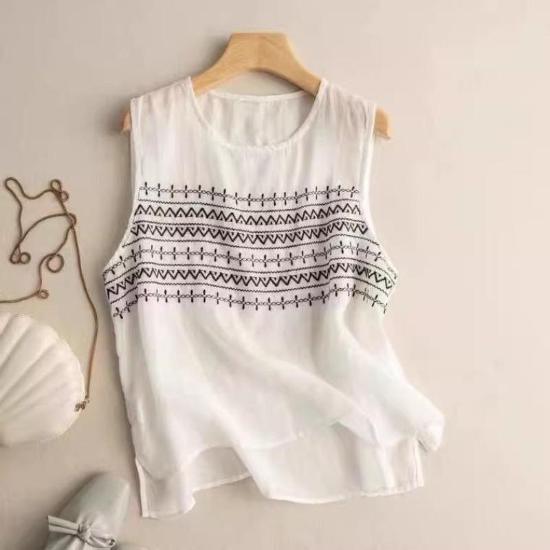 women geometric embroidery sleeveless top round neck casual loose fit linen blend tank top
