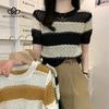 Retro Striped Knitted Short-sleeved Blouse Cap Sleeves Round Neck Ladies Sweater Woman Fashion Clothing