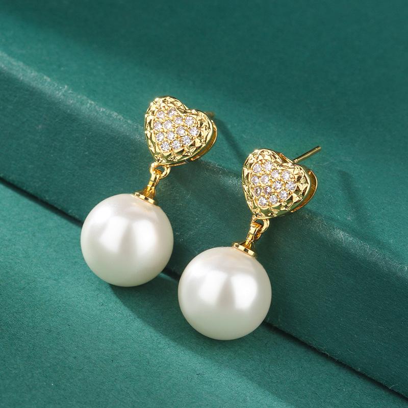 Huitan Chic Imitation Pearl Dangle Earrings Women Eternity Love Earrings with Cubic Zirconia Luxury Gold Color Female Jewelry