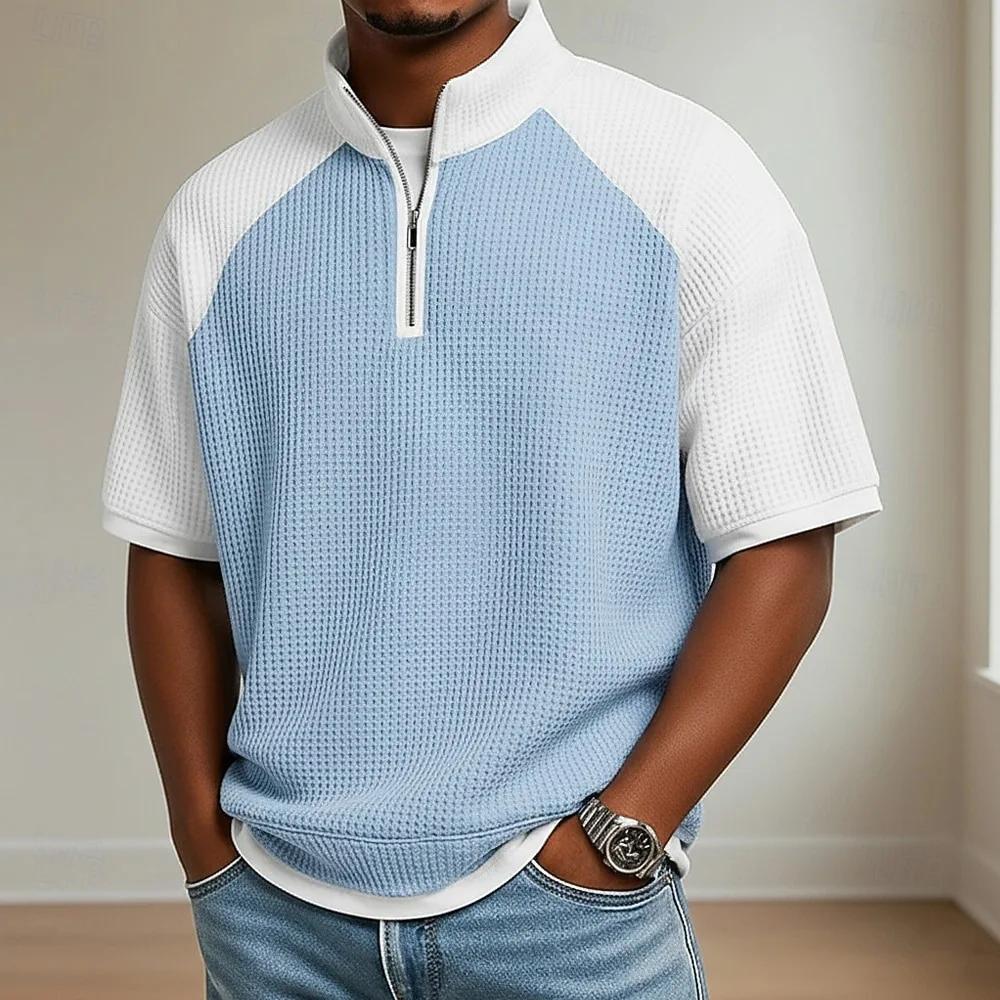 

Men s Stand Collar Color Block Zipper Short Sleeve T shirt Casual Comfortable High Quality Waffle Knit Versatile Breathable Top XXL небо синє кольору