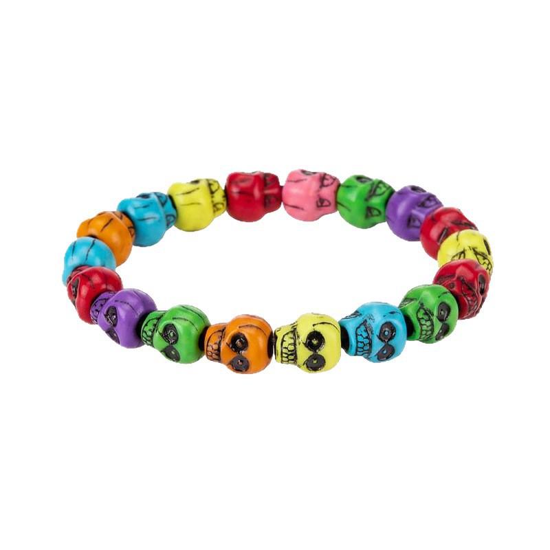 Colored Rice Bead Bracelet, Greenstone Skull Head Bracelet, Halloween Bracelet
