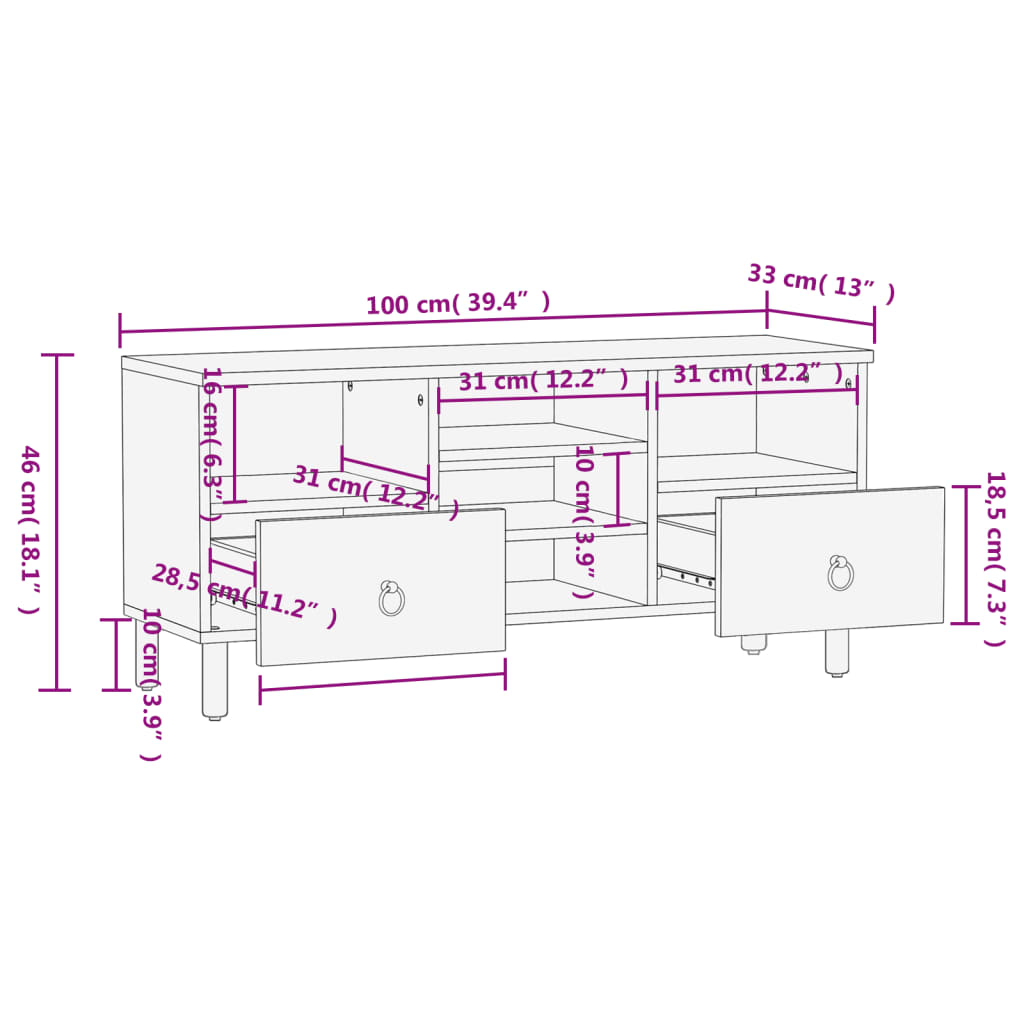 TV Cabinet 100 x 33 x 46 cm Solid Mango Wood