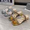 Fashion Fashion Golden Shiny Crystals Sandals Women Luxury Thick Heel Party Shoes Woman Summer Woven Strap High Heeled Sandles Female