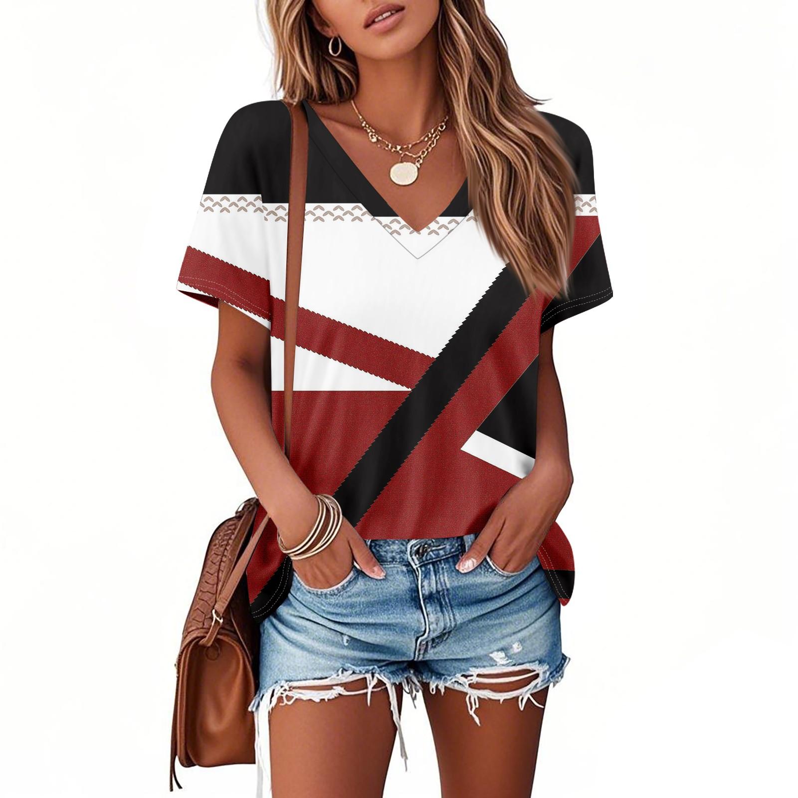 

Футболки для женщин, плиссированные, с V-образным вырезом, нарядные, повседневные блузки с принтом, короткие рукава, летние топы, свободный крой S винный