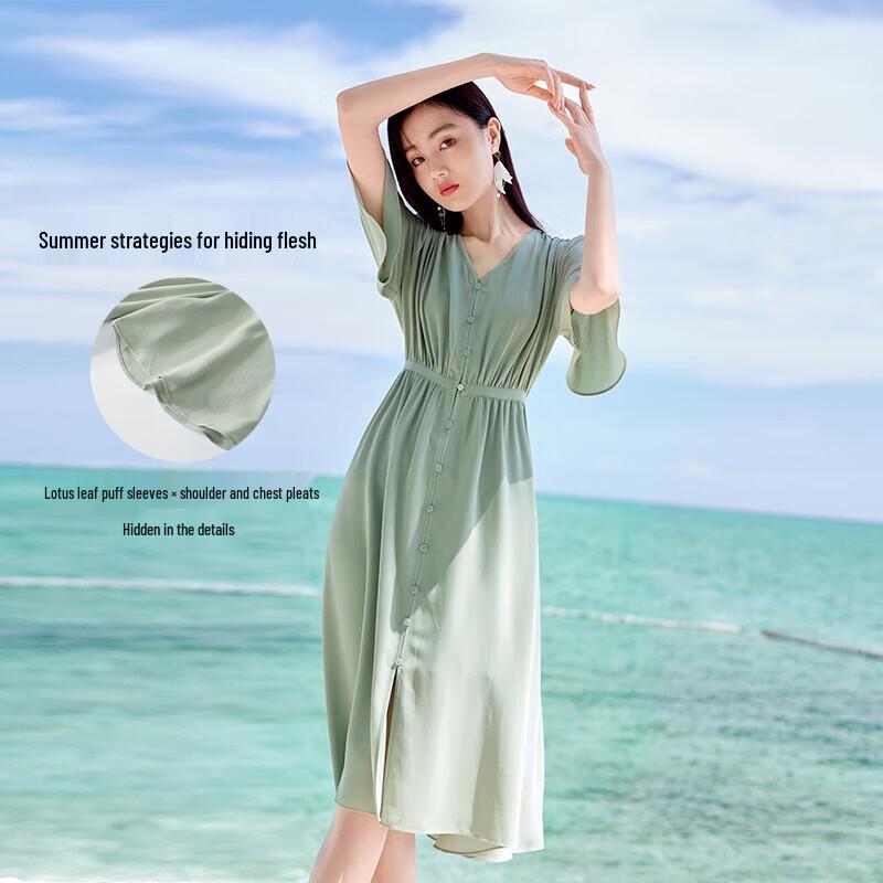 Elegant V-Neck Chiffon Midi Dress with Ruffle Sleeves S