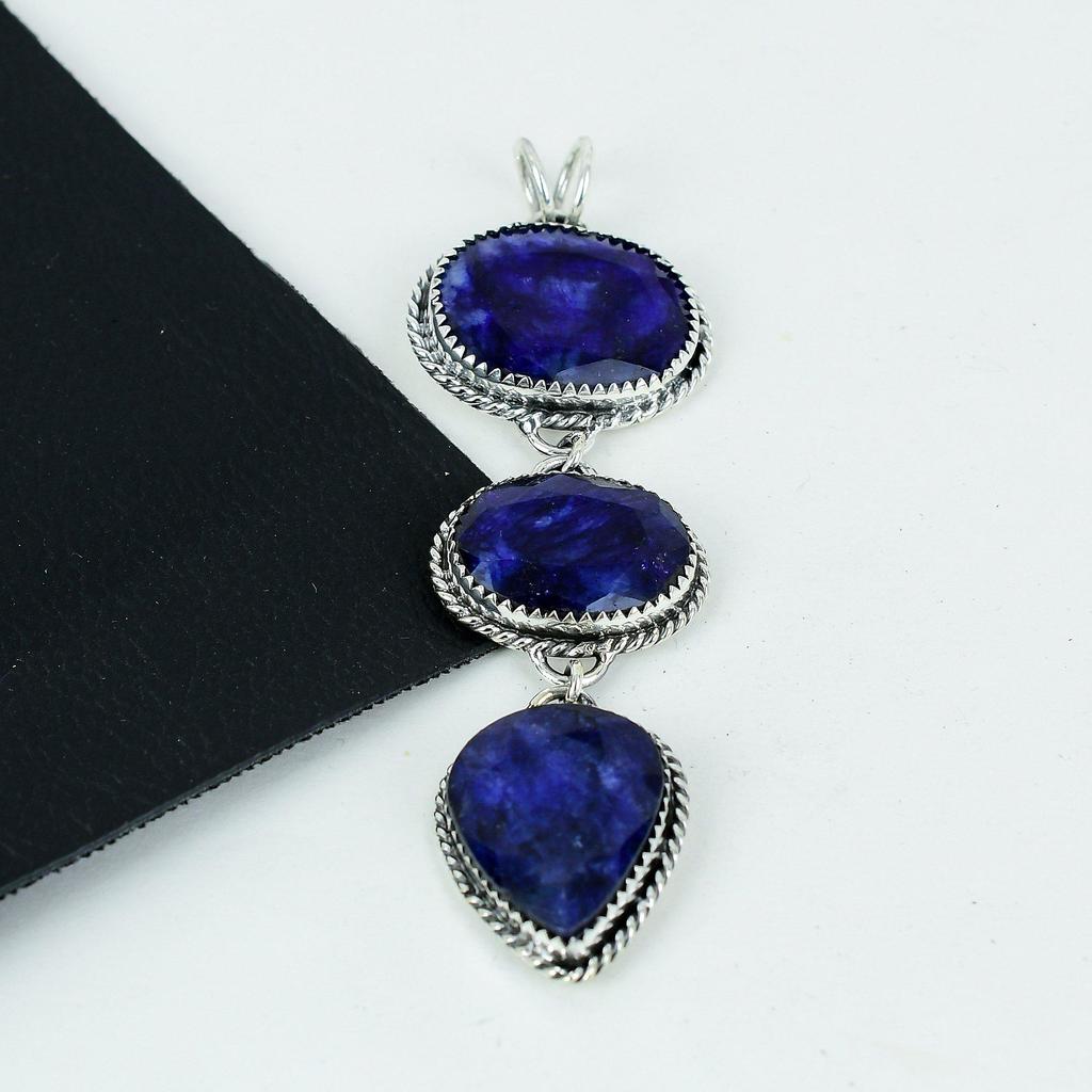 Blue Sapphire Gemstone Silver Pendant In 925 Sterling Silver- Handmade Design, Everyday Wear Jewelry, Unique Pendant Father's Day Gifts