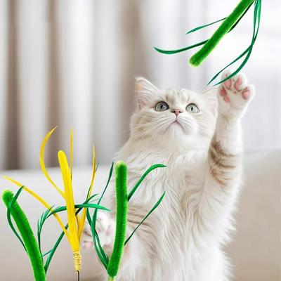 Cat Interactive Toy Tail Grass Cats Sage Feather Toy Long Pole Soothing Kitten Teasing Stick Bite Sound Toy Cat Pets Supplies