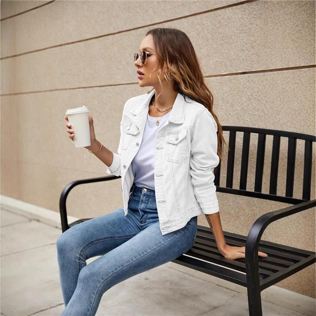 2026 European & American Slim Fit Women's Denim Bomber Jacket with Turn-Down Collar and Pockets