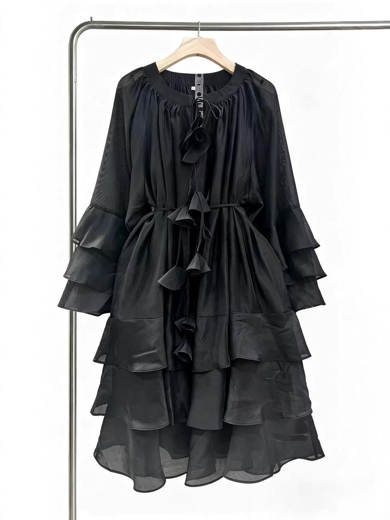 Vietnam Niche Design Multi-layer Ruffle Tie-neck Patchwork Flounce Skirt