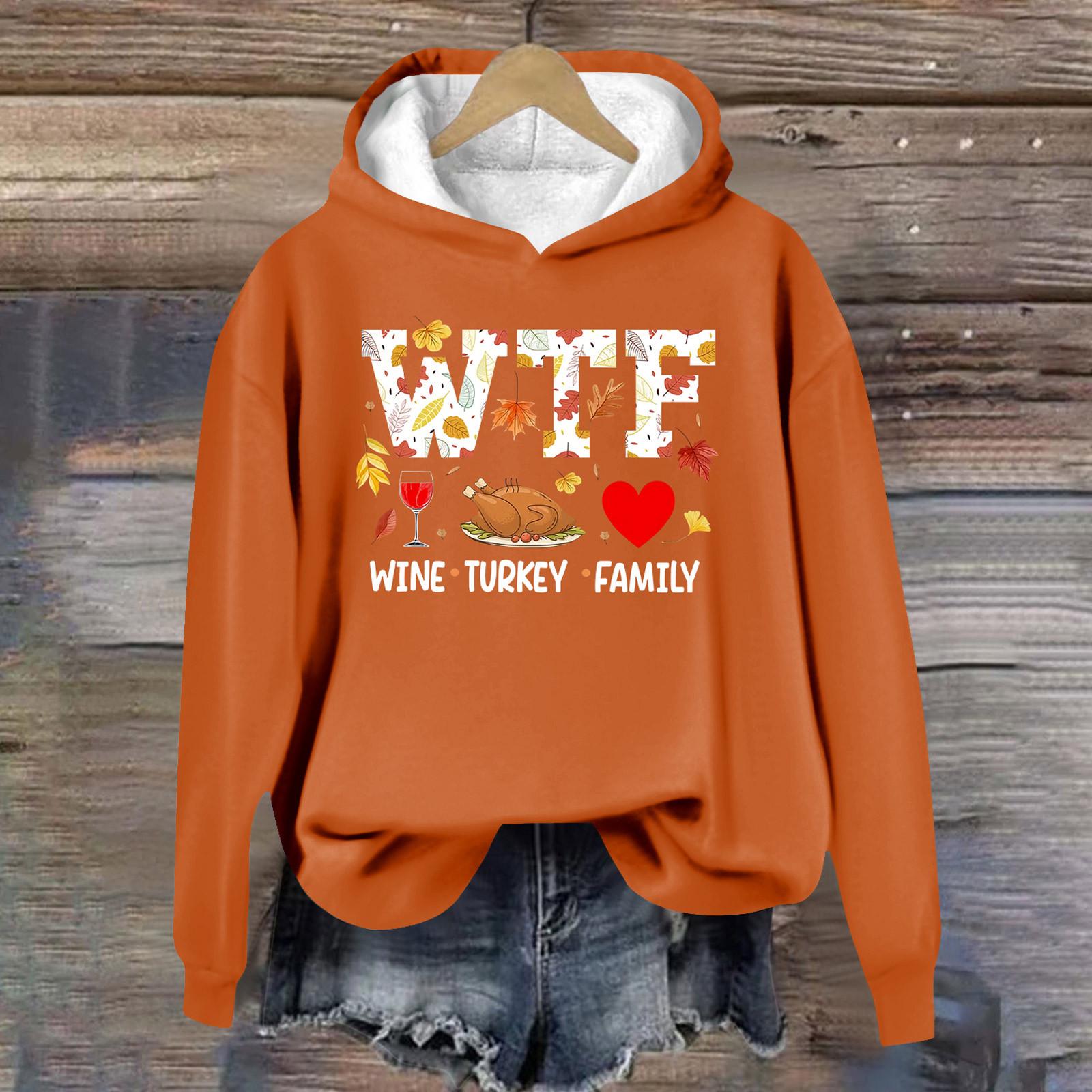 

Женская повседневная мода винная индейка семейный принт на День благодарения длинный рукав O-образный вырез пуловер толстовки XL оранжевый