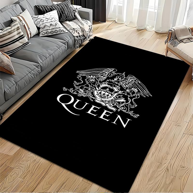 Area Rug, Queen Band Crest Logo White on Black Minimalist Print, Man Cave Decor, Non-Slip Mat