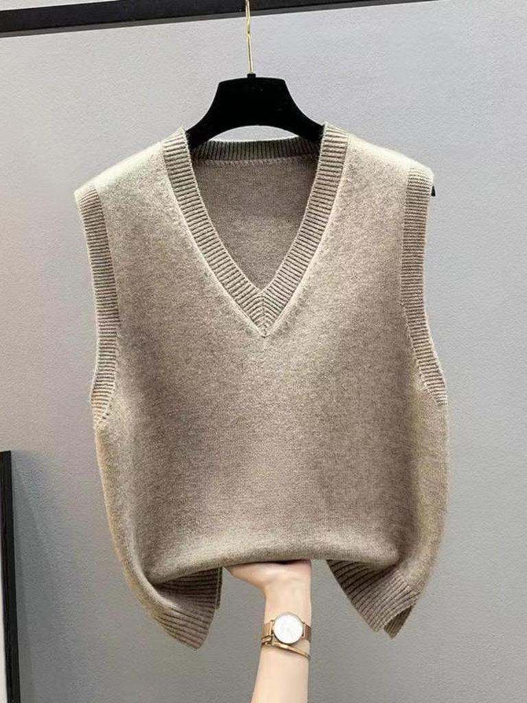 Knitted V-Neck Sleeveless Women's Cardigan Sweater - Korean Style, Loose Fit for Spring/Fall/Winter.