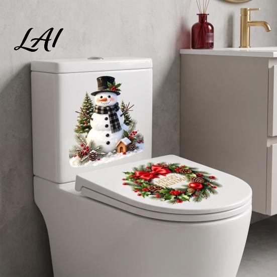 Seasonal Toilet Sticker Christmas Snowman Wreath Sticker Peel And Stick Bathroom Decor Decal Decal Removable Waterproof Lid Wall for Holiday