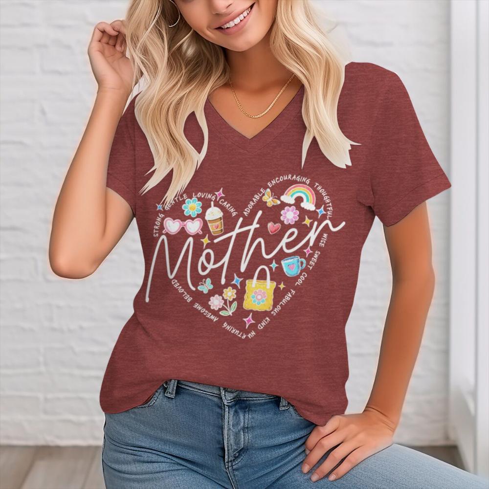 Mother V-Neck T-Shirt Heart Graphic with Positive Words Printed T-shirt Soft Mom Life Tee Mother Inspirational T-Shirt