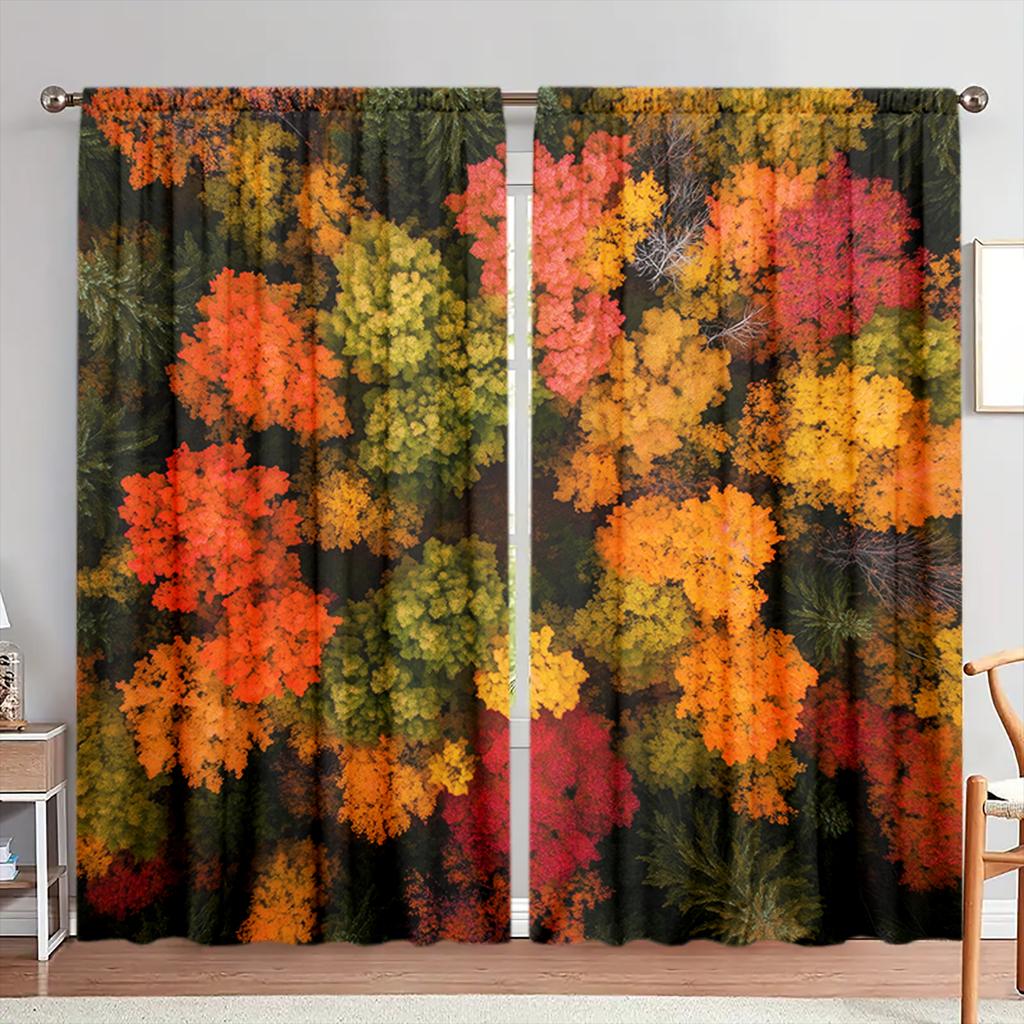 2pcs Autumn Red Leaf Forest Printed Curtain for Home Decor - Rod Pocket Window Treatment for Bedroom, Office, Kitchen