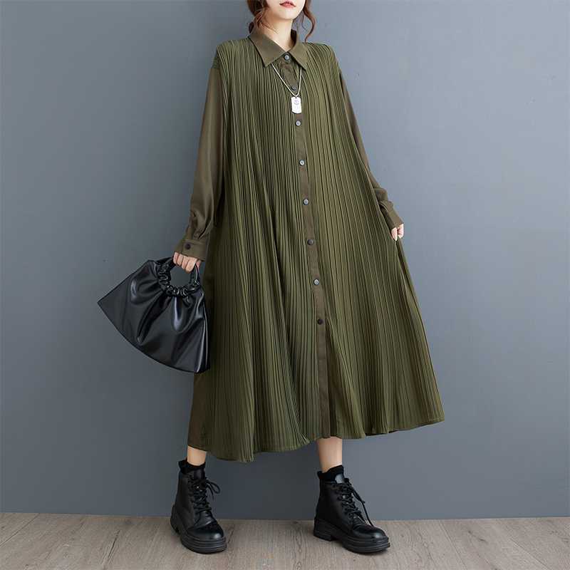 Women's Long Sleeve Shirt Dress Turn Down Collar Loose Fit Retro Style Midi Dress Button Down Dress