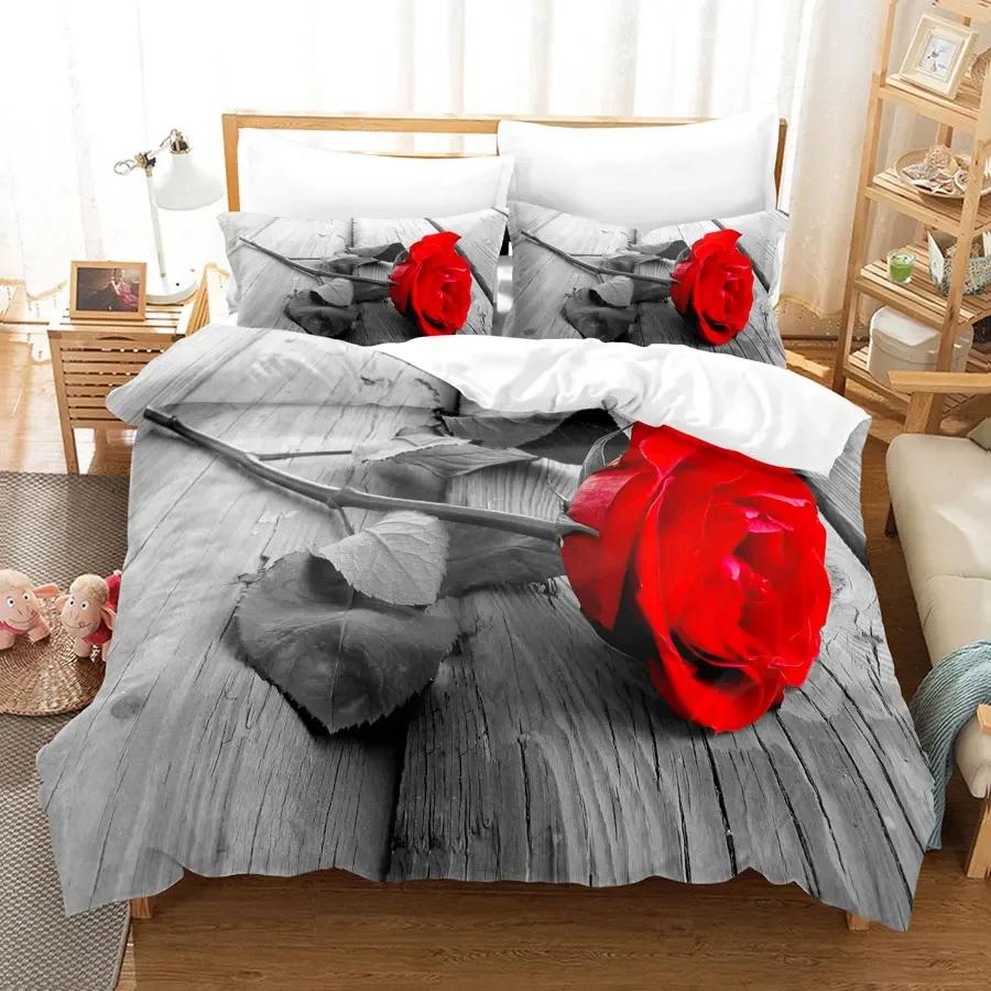 Comforter Red Roses Queen Size King Full 3D Bedding Sets Flower Quilt Linens Single Double Bed