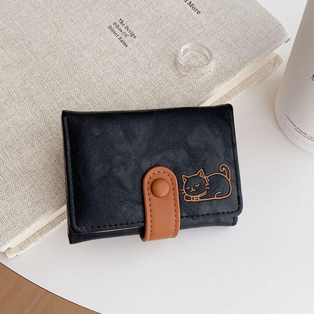 Cute Short Leather Purse PU Leather Three Fold Wallet Versatile Cat Printed Wallet  Girls