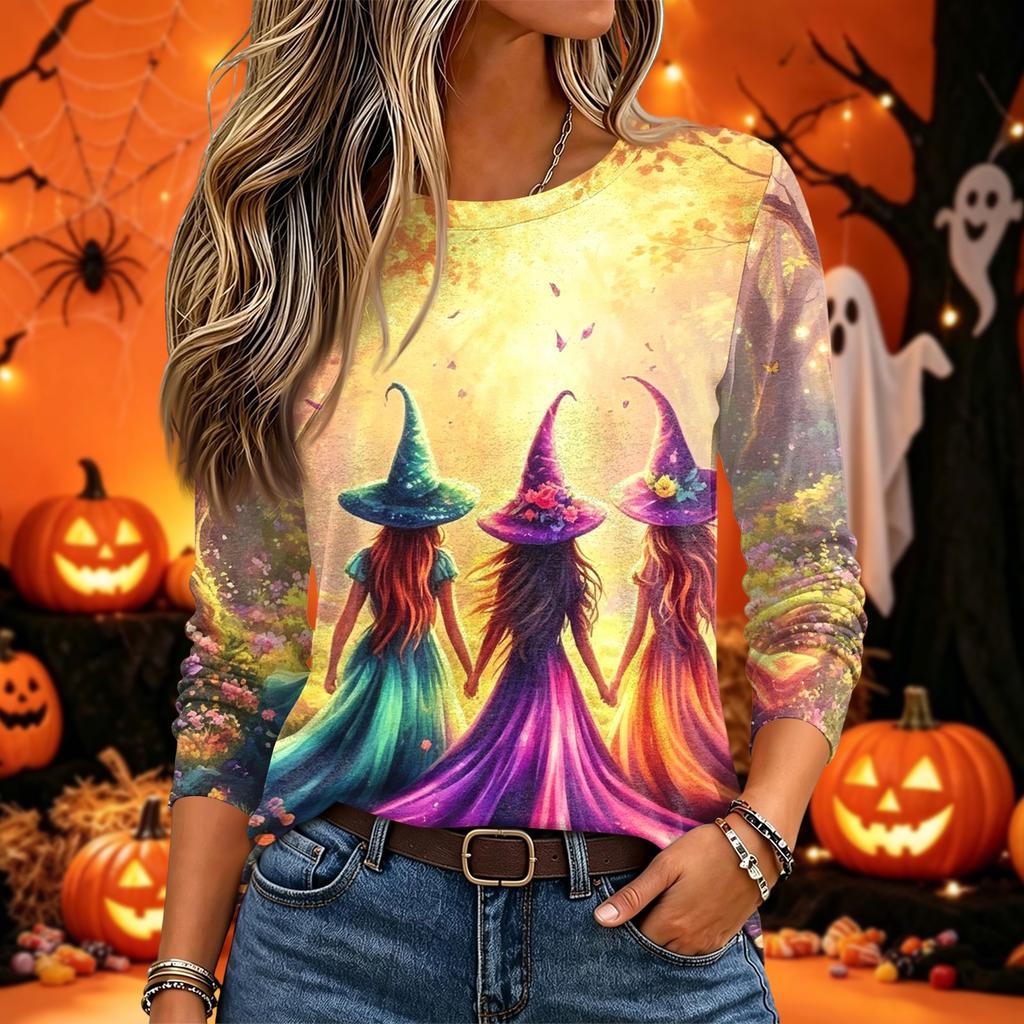 Women's Halloween Printed Neck Long Sleeve Pullover Top
