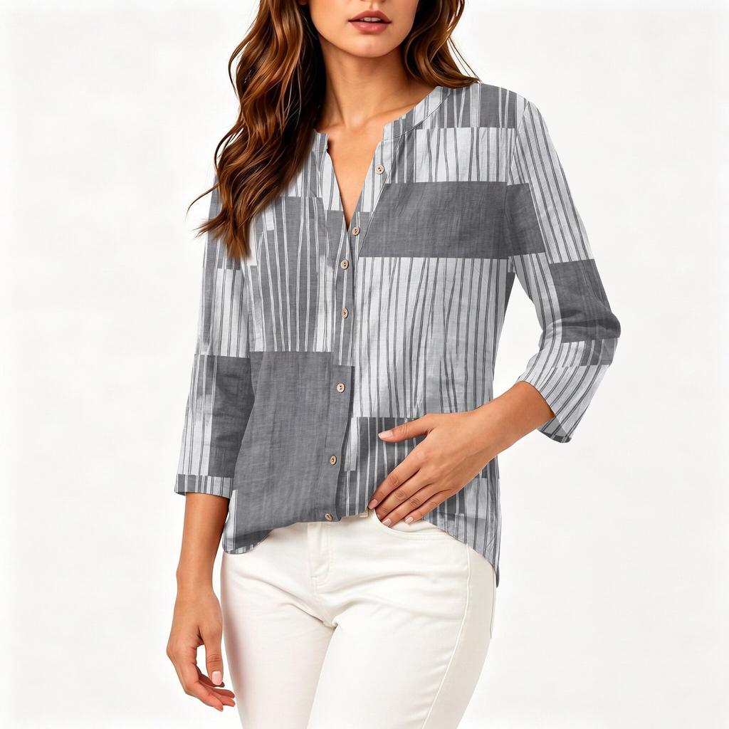 Women's Cotton Linen Shirt, Printed Pattern 3/4 Sleeve Casual Blouse for Summer