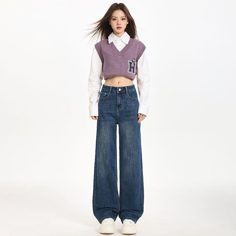 Spring Summer Vintage High Waist Relaxed Slim Straight Floor Wide Leg Denim Pants For Ladies Casual Pants Oversize Denim Trousers