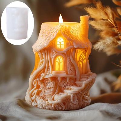 3D DIY Zauberwürfelhaus Kerze Silikonform Elfenbaumhaus Kerzenform Lustiges Schloss Kaminhaus Harz Beton Gipsform