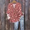 Women's Fashion Button V-Neck Ruffle Seven Sleeve Blouse Floral Printed Top
